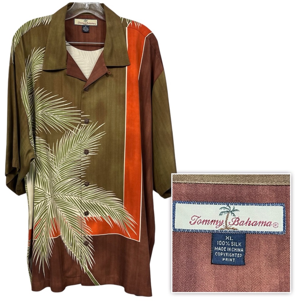 Tommy Bahama Mens Hawaiian Button Up Brown Green Palm Trees Shirt Silk Shirt XL